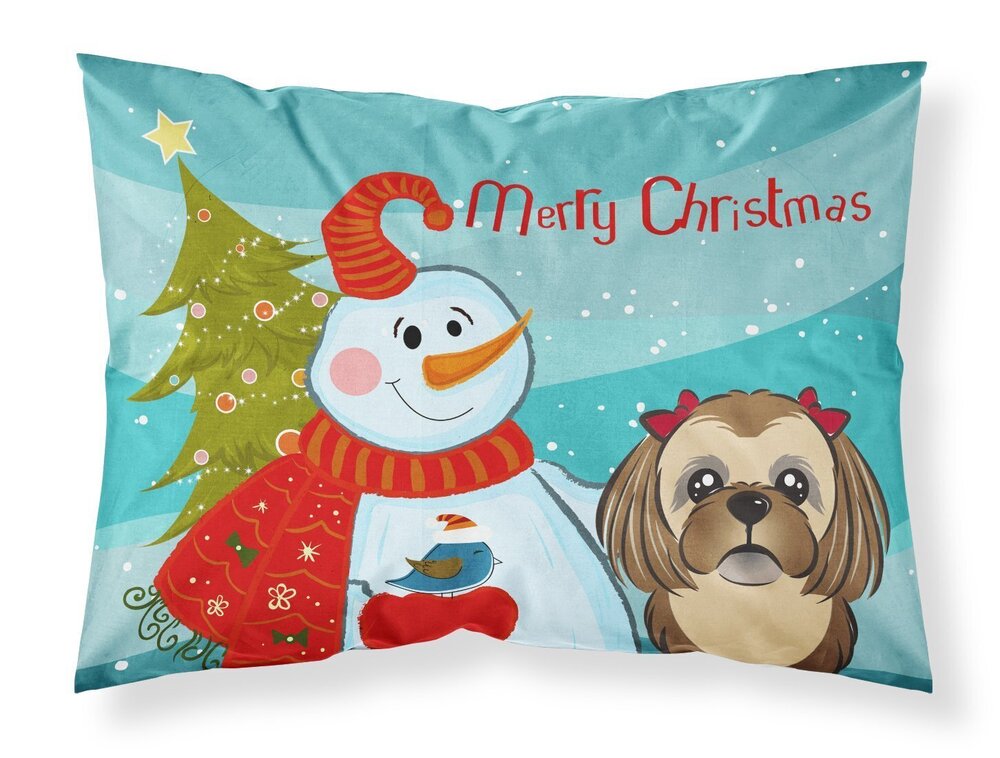 9673 BB1869PILLOWCASE Snowman with Chocolate Brown Shih Tzu Fabric Standard